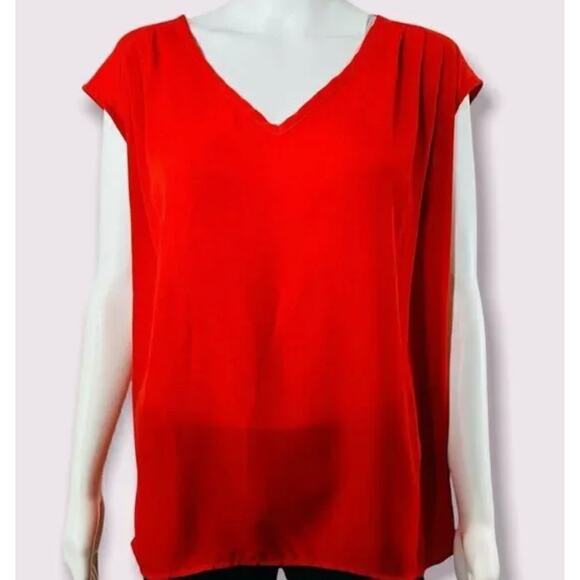 Pleione Red Blouse Chiffon V Neck Cap Sleeve Minimalist Workwear Size XS - Picture 3 of 6
